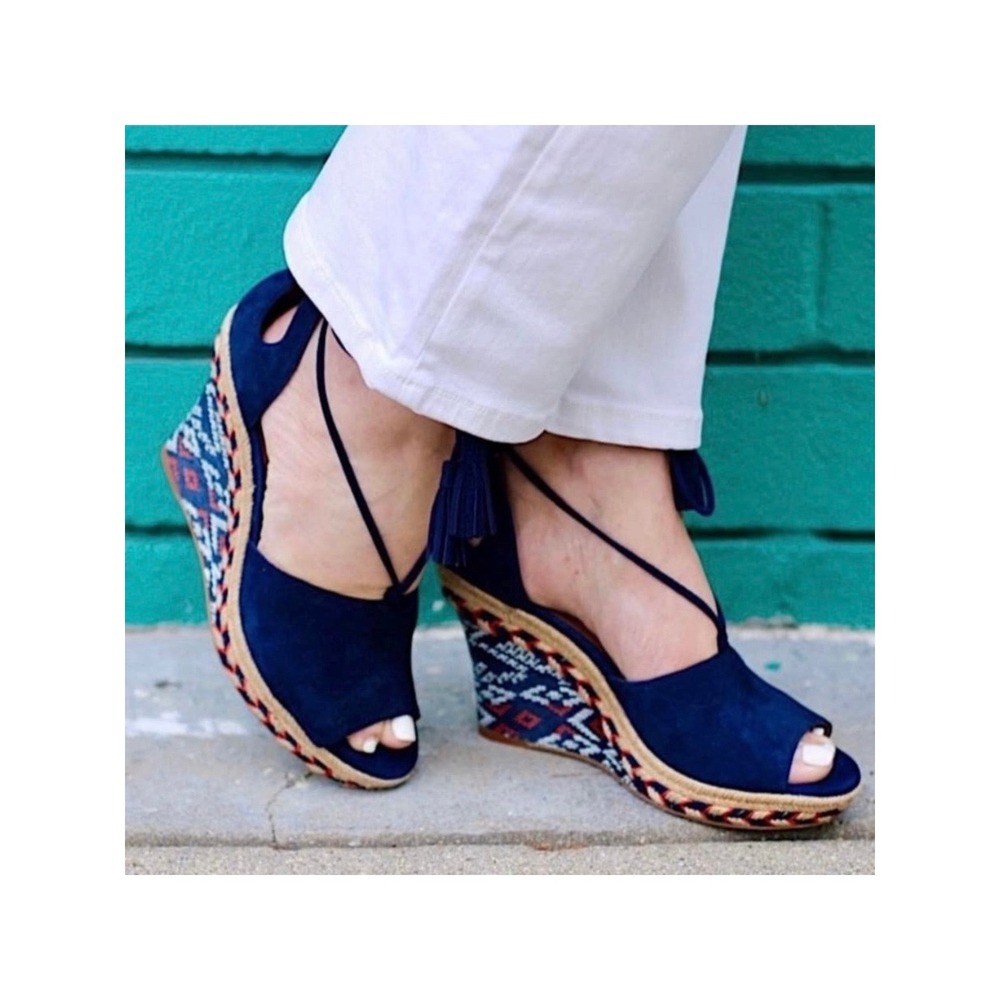 CABI Isla Wedge Tassel suede Ankle Tie sandals Size 8 navy blue boho cute